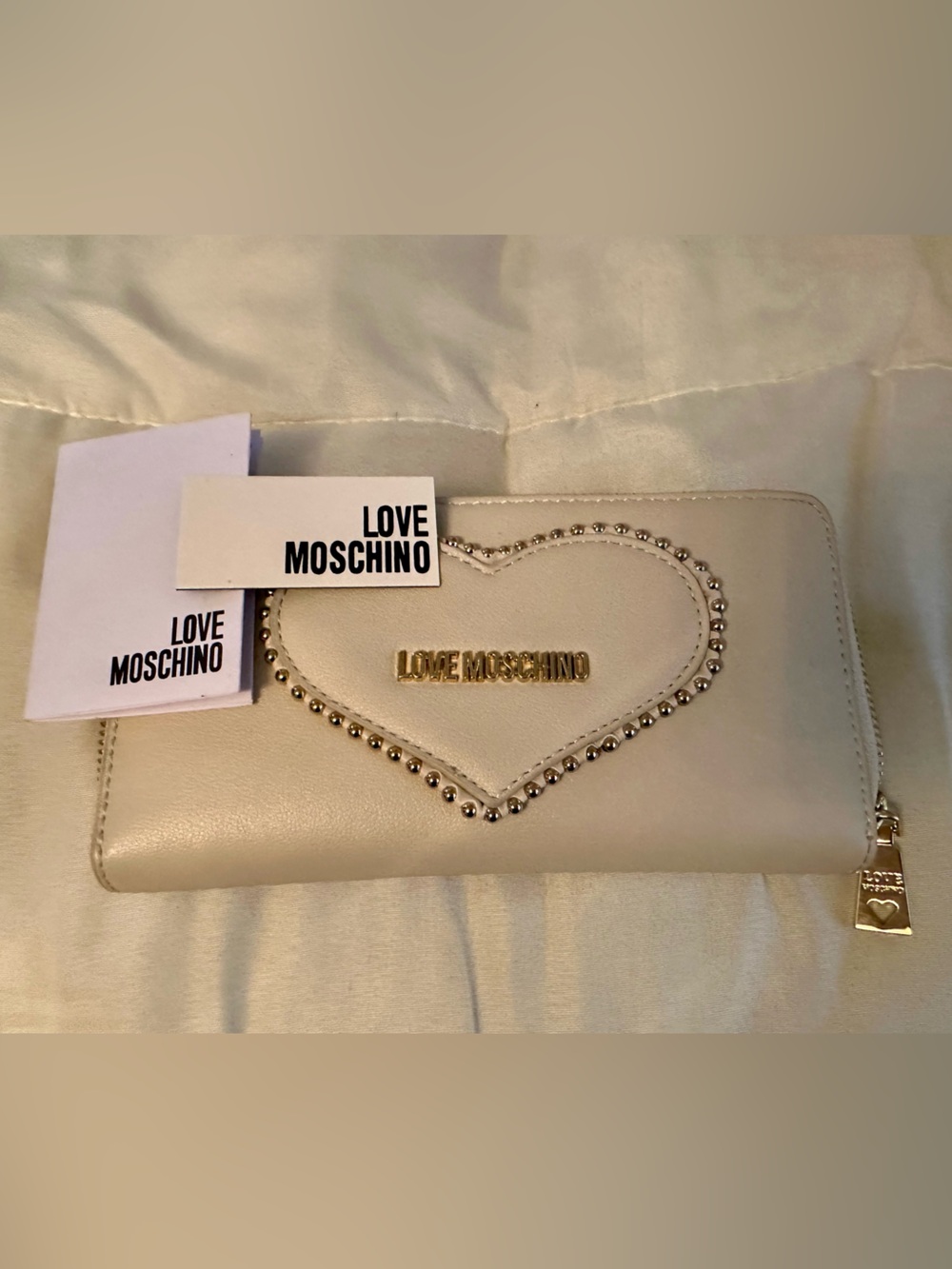 Love Moschino Cream Heart Stud Zip Wallet with Gold Logo NWT